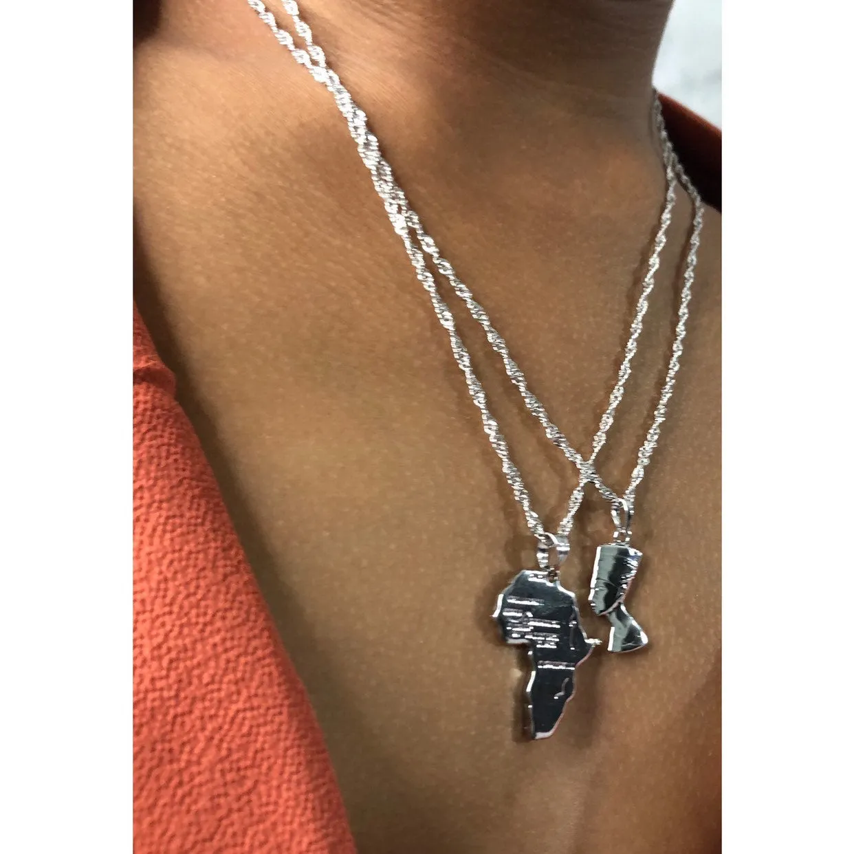 Mini Nefertiti and mini africa necklace SET silver, nefertiti necklace , nefertit pendant , silver africa map mini necklace charm