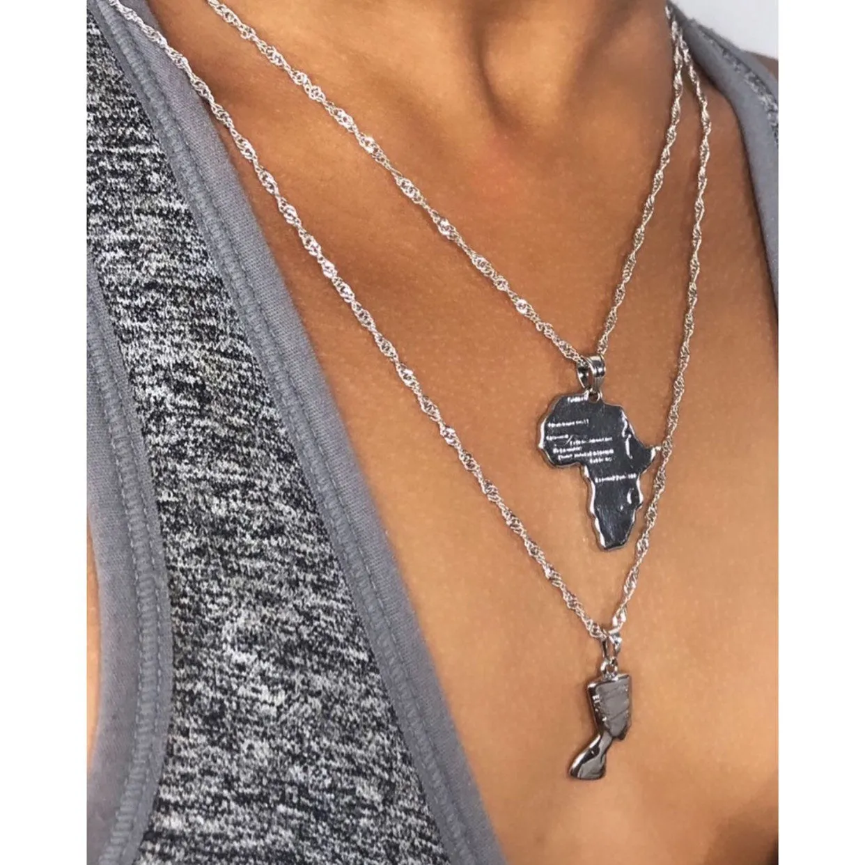 Mini Nefertiti and mini africa necklace SET silver, nefertiti necklace , nefertit pendant , silver africa map mini necklace charm