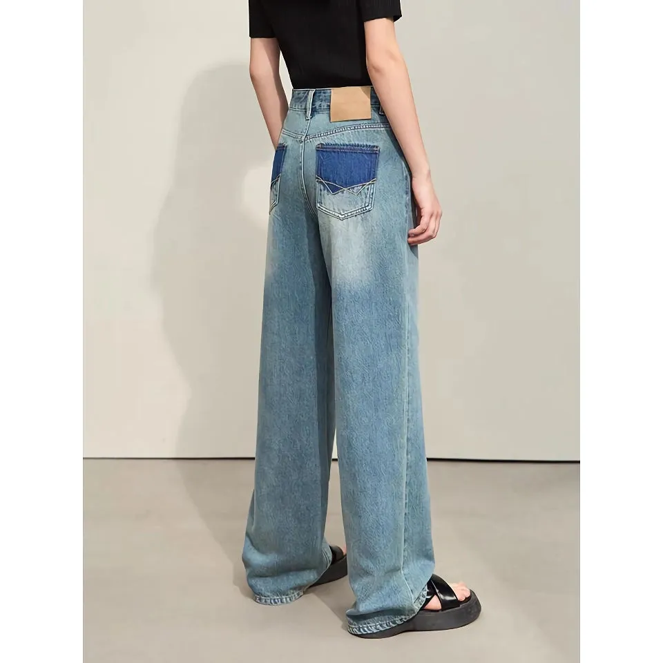 Minimalist Retro Wide-Leg Jeans with Leather Plate Decoration
