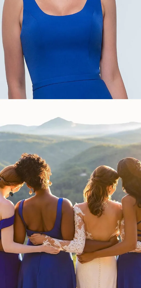 Mismatched Blue Simple Satin Floor-length Modest Inexpensive Bridesmaid Dresses, WG411