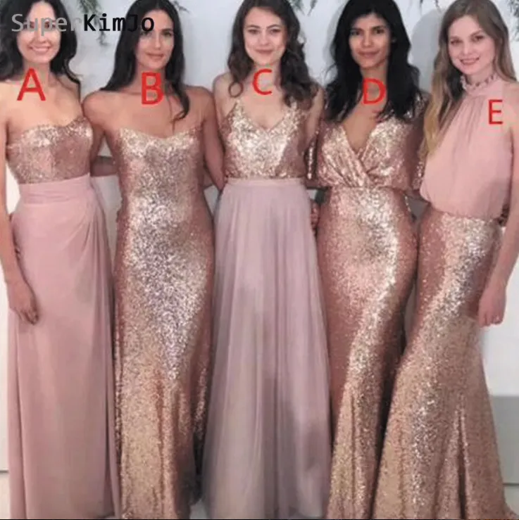mismatched rose pink bridesmaid dresses long cheap sequin custom wedding party dresses 2020