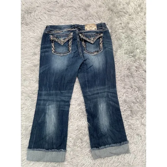 Miss Me Mid Rise Easy Cropped Jeans Sz 32 Bling Flap Pocket Embroidered Gold