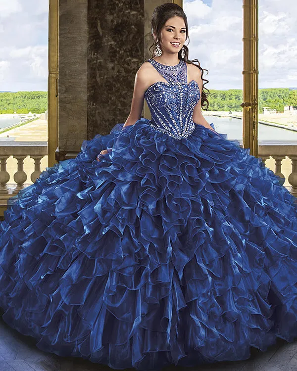 Navy Blue Organza Quinceanera Dress Beaded Jewel Puffy Ruffles Ball Gown vestidos de quinceañera