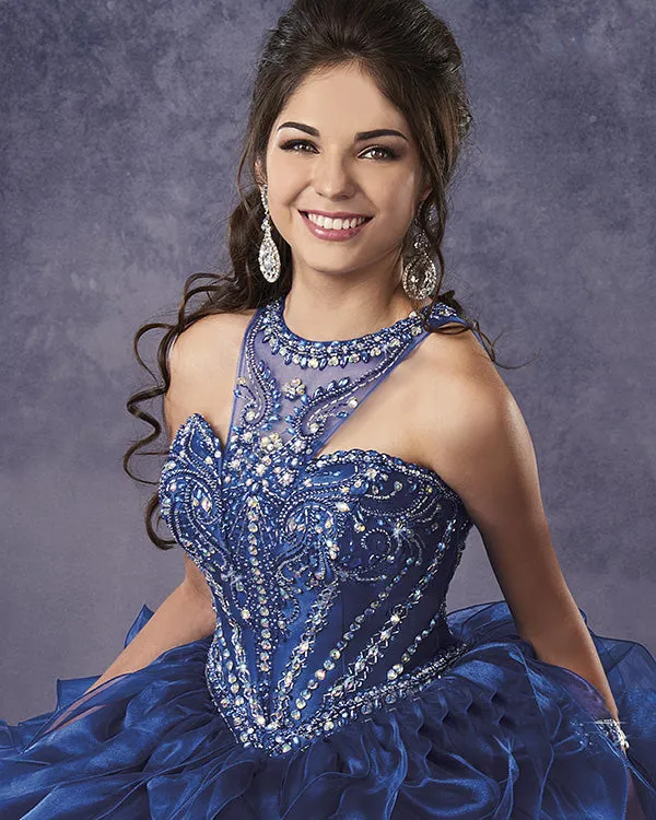 Navy Blue Organza Quinceanera Dress Beaded Jewel Puffy Ruffles Ball Gown vestidos de quinceañera