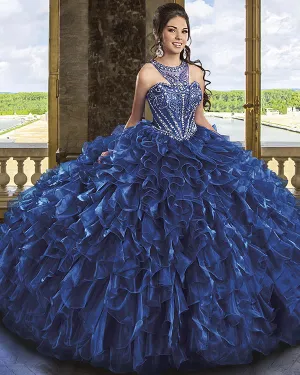 Navy Blue Organza Quinceanera Dress Beaded Jewel Puffy Ruffles Ball Gown vestidos de quinceañera