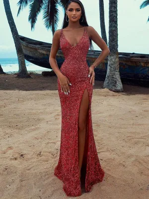 New Arrival Spaghetti Straps V-neck Mermaid Sequin Red Long Prom Dresses, PDS0250