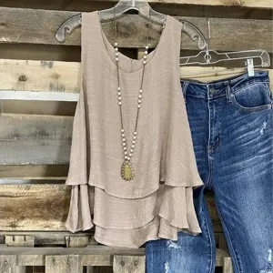New Bovuf Light Brown Triple Tiered Boho Tank Top Sz XL! Retails $49 