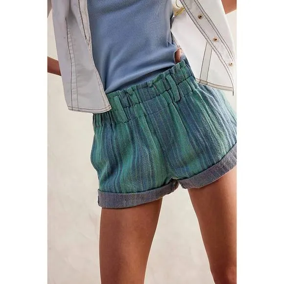 NEW FREE PEOPLE solar flare baja striped shorts in blue / green