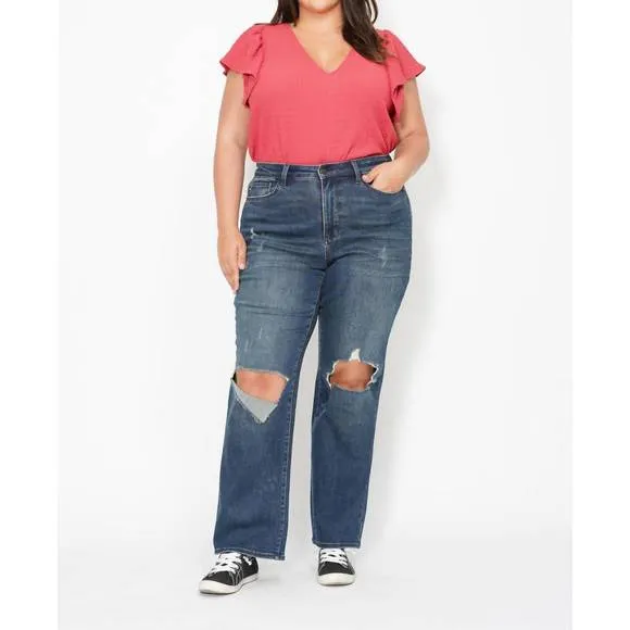 NEW JUDY BLUE high waist knee ripped denim jeans in blue