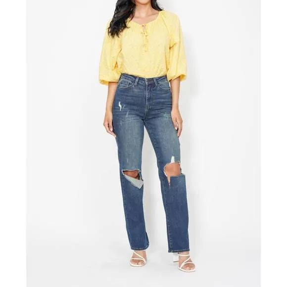 NEW JUDY BLUE high waist knee ripped denim jeans in blue