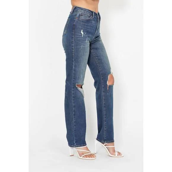 NEW JUDY BLUE high waist knee ripped denim jeans in blue