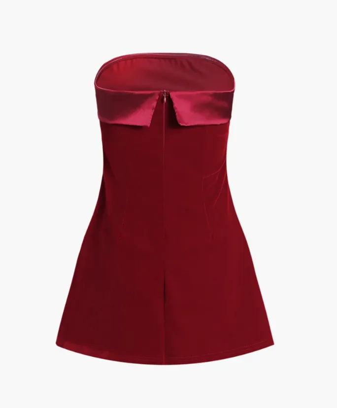 NEW Micas Satin Velvet Strapless Short Dress, Red, Sz M