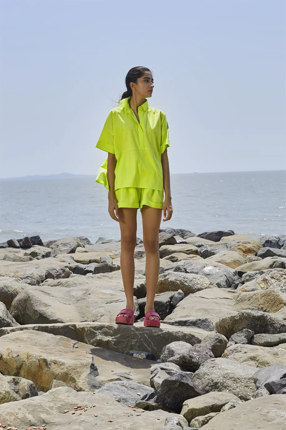 New Season Summer/Fall 2024-Coord Set Green Ekin Shirt Cotton Neon-MT Ekin Shirt Coord Set-Neon Green-Fashion Edit Mati