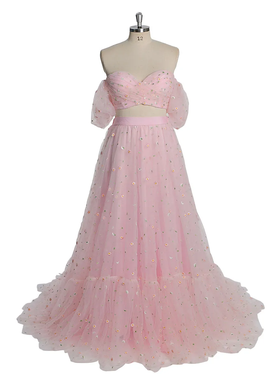New Tulle with Embroidered Woman 2 Pieces Set Gown Elastic Waist Photo Shoots Dress YW231030
