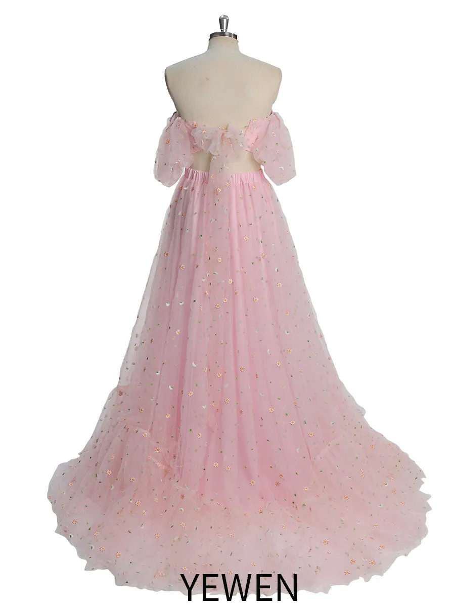 New Tulle with Embroidered Woman 2 Pieces Set Gown Elastic Waist Photo Shoots Dress YW231030