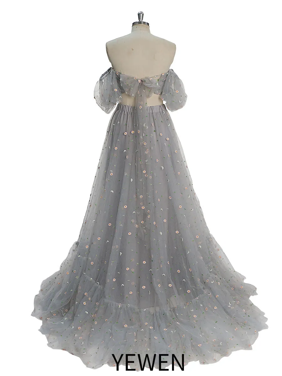 New Tulle with Embroidered Woman 2 Pieces Set Gown Elastic Waist Photo Shoots Dress YW231030