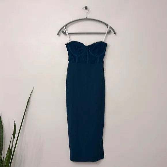 NWOT Lulus Passionate Aura Teal Blue Textured Strapless Bustier Midi Dress