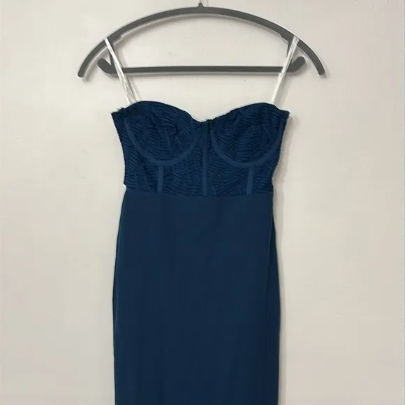 NWOT Lulus Passionate Aura Teal Blue Textured Strapless Bustier Midi Dress