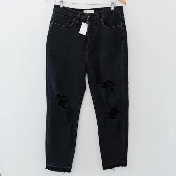 NWT Madewell Black Mom Jeans Knee-Rip Edition Size 29
