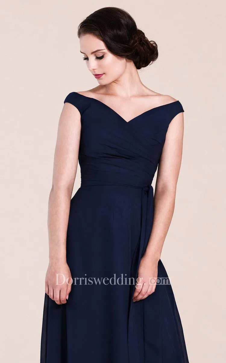Off-shoulder A-line Chiffon Gown With V-back
