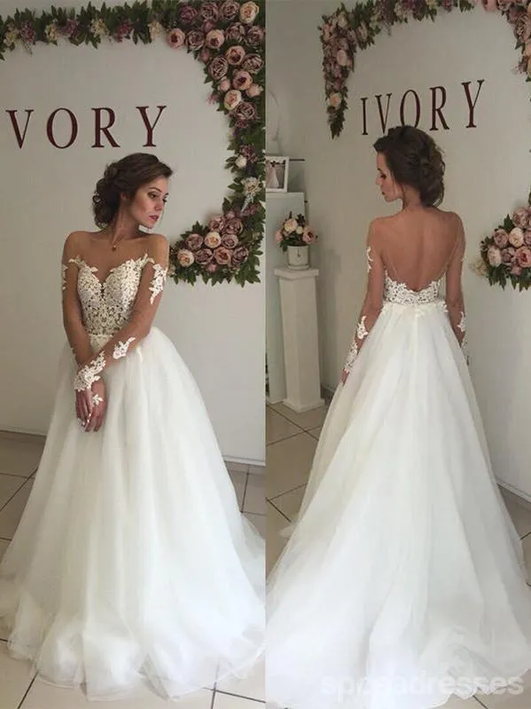 Off Shoulder Long Sleeves Lace A-line Wedding Dresses Online, WD409