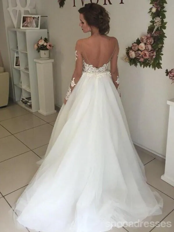 Off Shoulder Long Sleeves Lace A-line Wedding Dresses Online, WD409