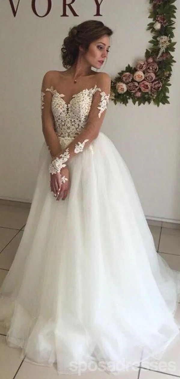 Off Shoulder Long Sleeves Lace A-line Wedding Dresses Online, WD409