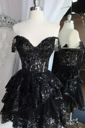 Off the Shoulder Black Tiered Ruffle A-line Homecoming Dress