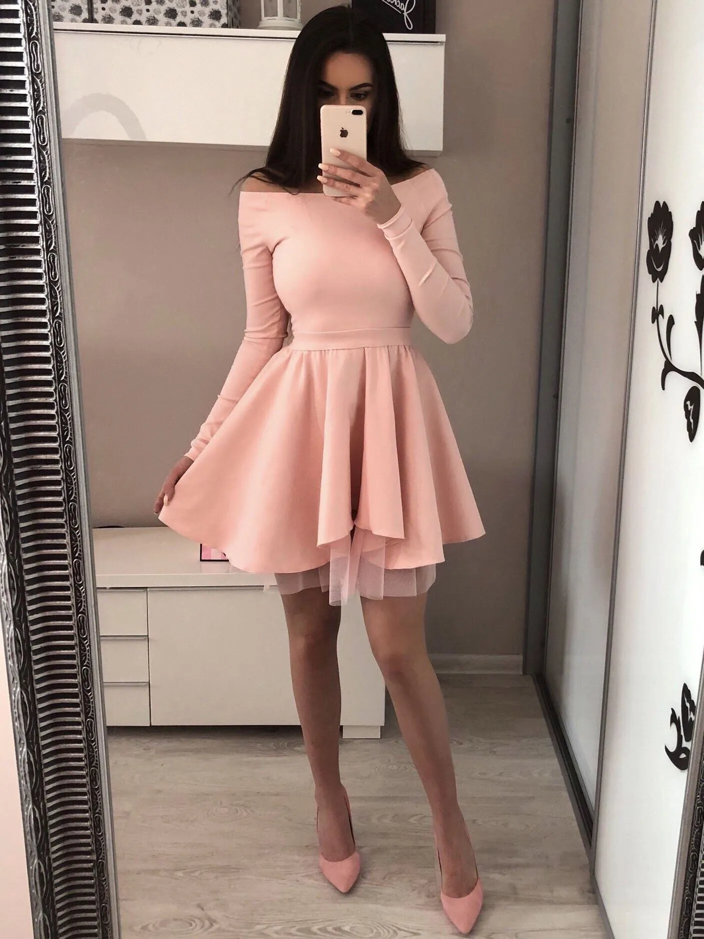 Off-the-Shoulder Long Sleeves Black Tulle Homecoming Dress,Short Prom Dresses,BDY0344
