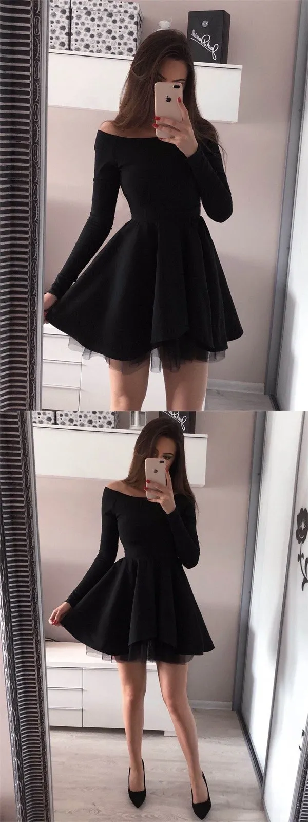 Off-the-Shoulder Long Sleeves Black Tulle Homecoming Dress,Short Prom Dresses,BDY0344