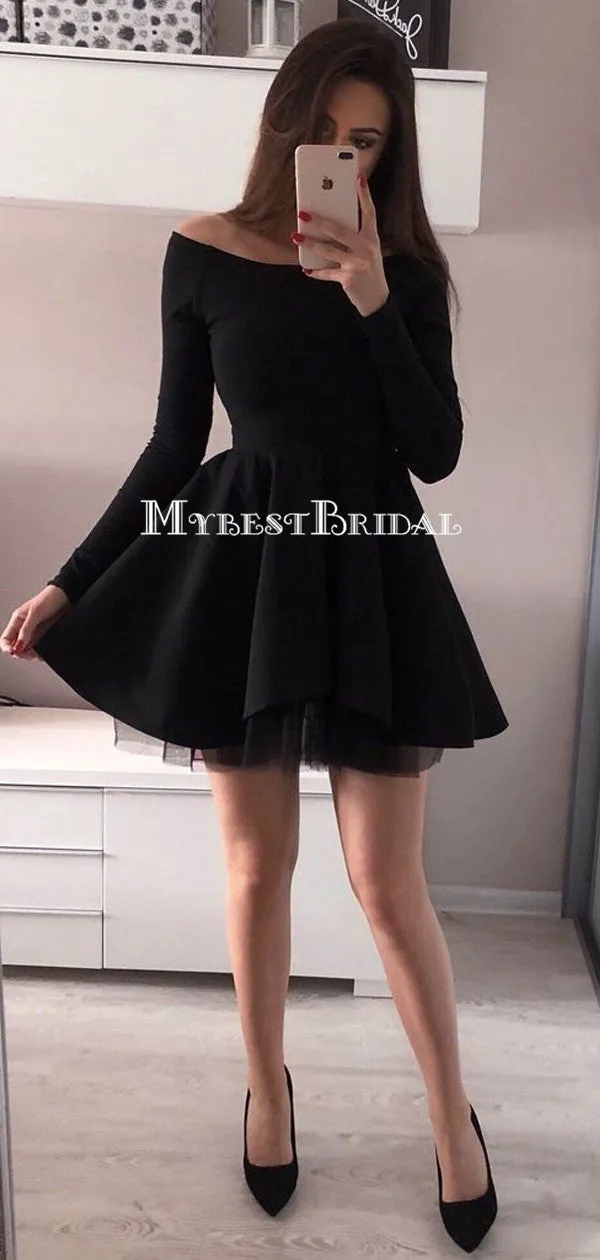 Off-the-Shoulder Long Sleeves Black Tulle Homecoming Dress,Short Prom Dresses,BDY0344