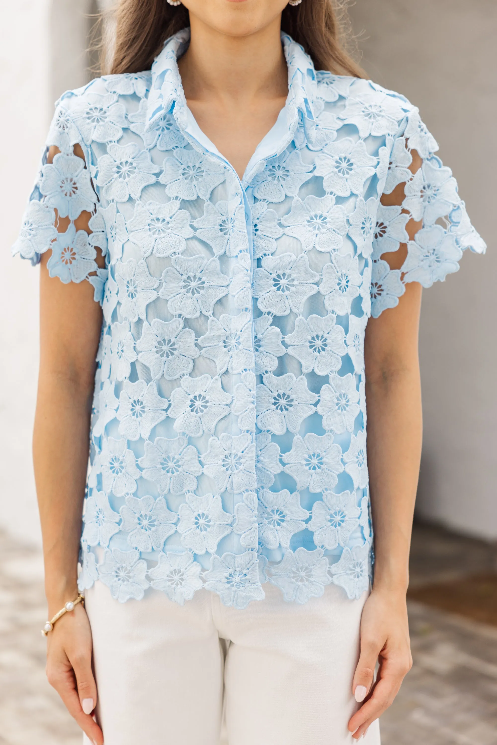 On The Rise Light Blue Crochet Blouse