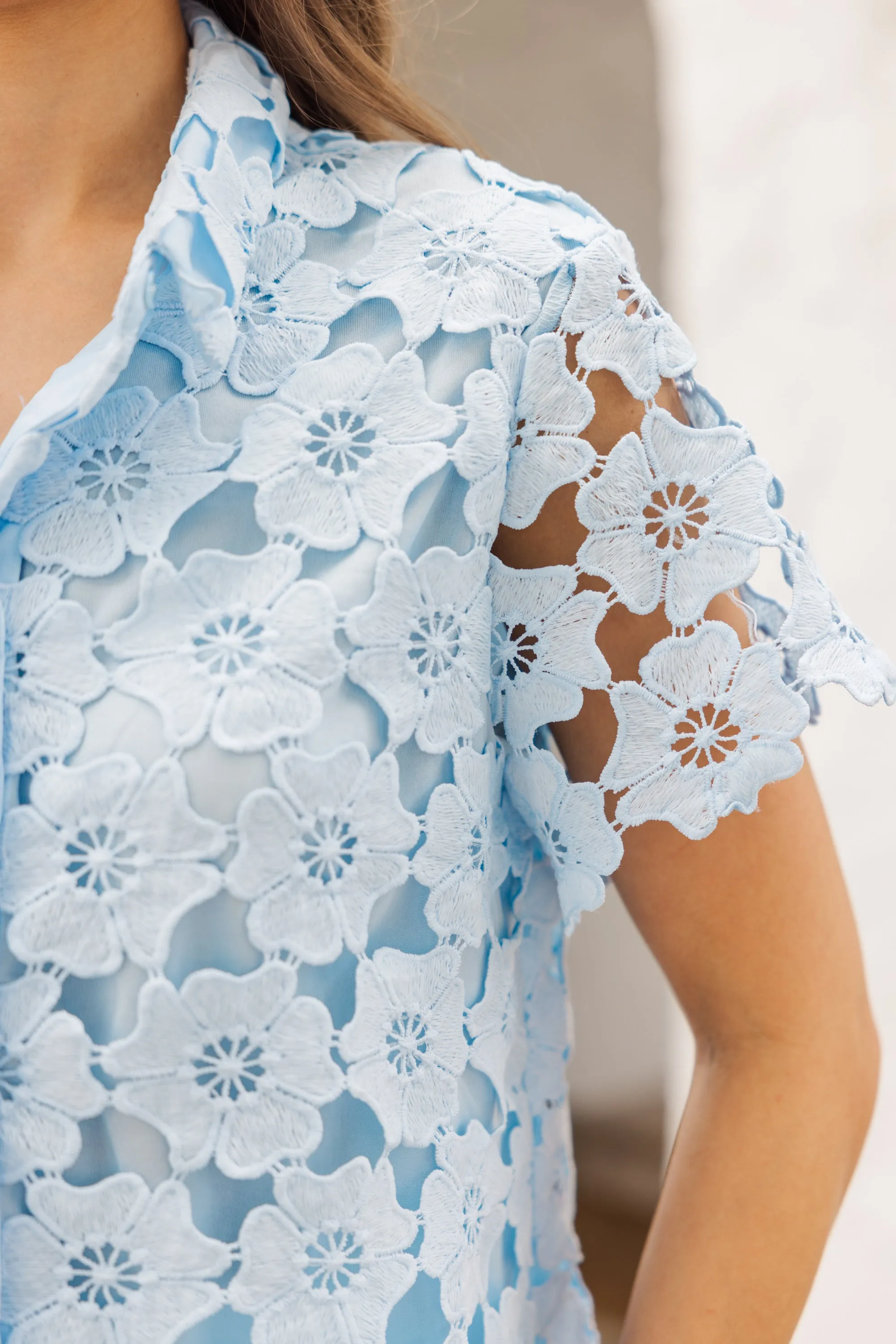 On The Rise Light Blue Crochet Blouse
