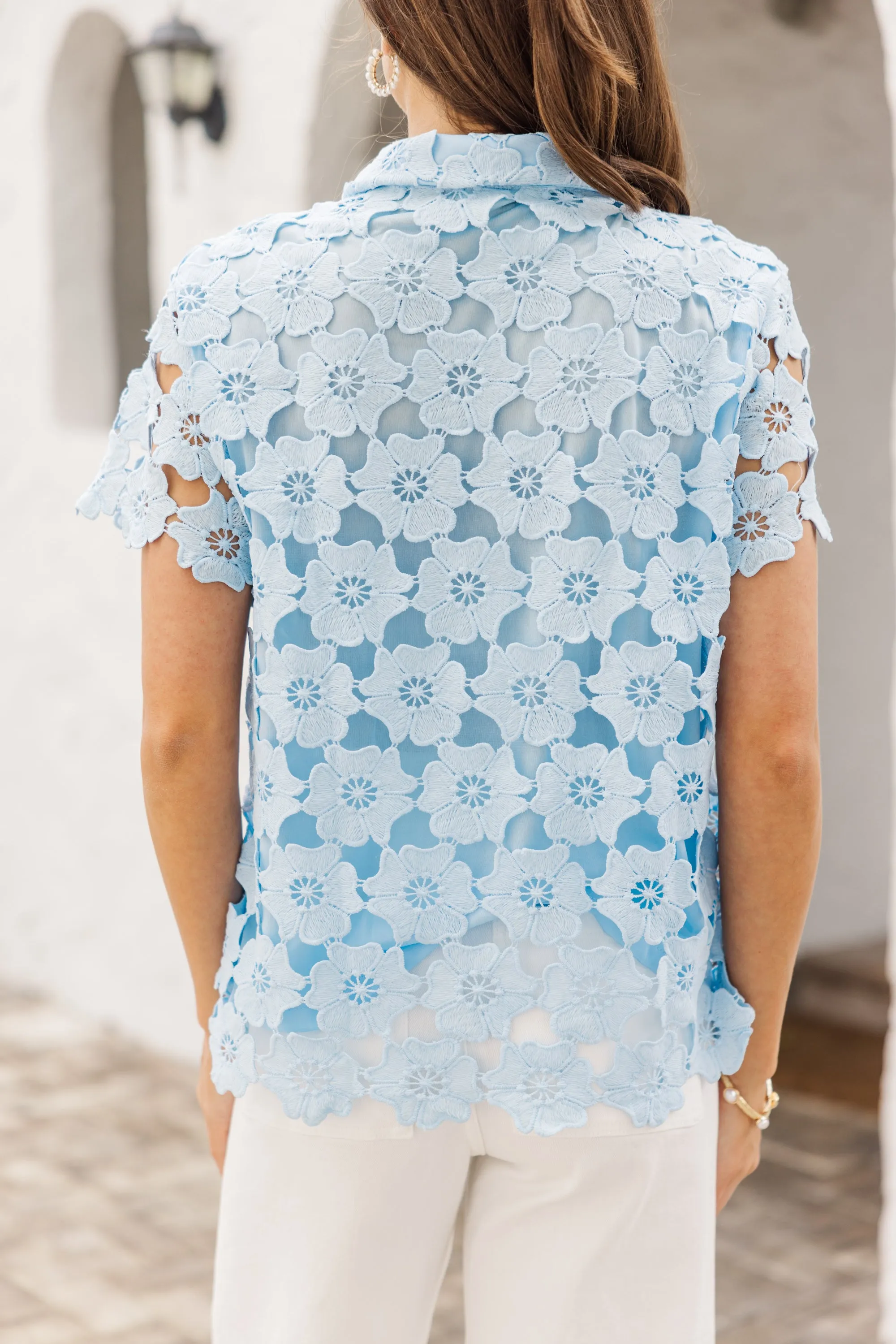 On The Rise Light Blue Crochet Blouse