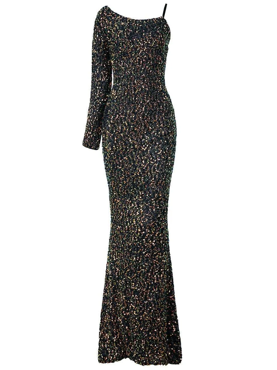 One Shoulder Black Mermaid Sequin Dress M0622