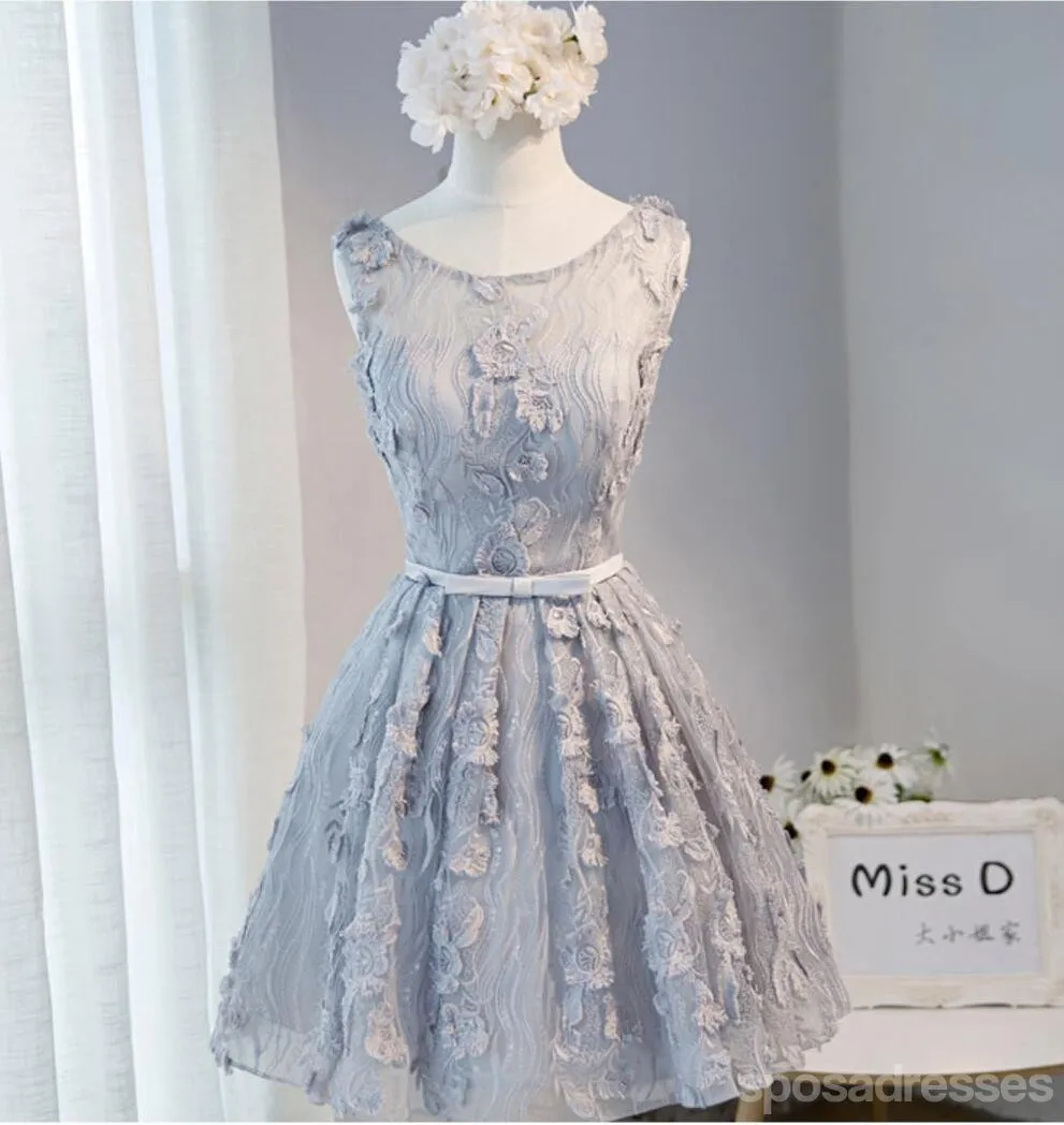 Open Back Gray Lace Scoop Neckline Homecoming Prom Dresses, Affordable Short Party Prom Dresses, Perfect Homecoming Dresses, CM274