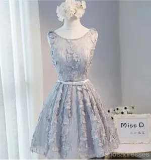 Open Back Gray Lace Scoop Neckline Homecoming Prom Dresses, Affordable Short Party Prom Dresses, Perfect Homecoming Dresses, CM274