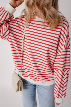 Orange Stripe Drop Shoulder Crew Neck Loose Casual Sweater Sweatshirt