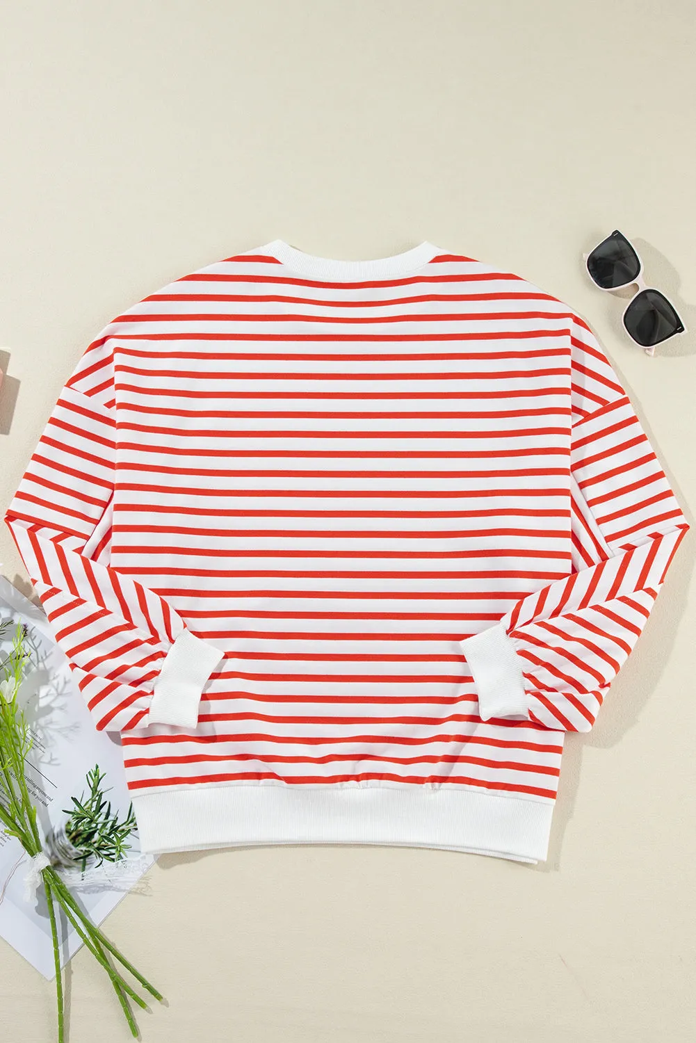 Orange Stripe Drop Shoulder Crew Neck Loose Casual Sweater Sweatshirt