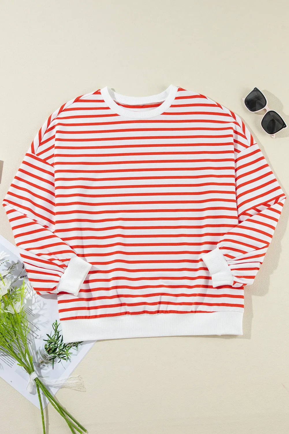 Orange Stripe Drop Shoulder Crew Neck Loose Casual Sweater Sweatshirt