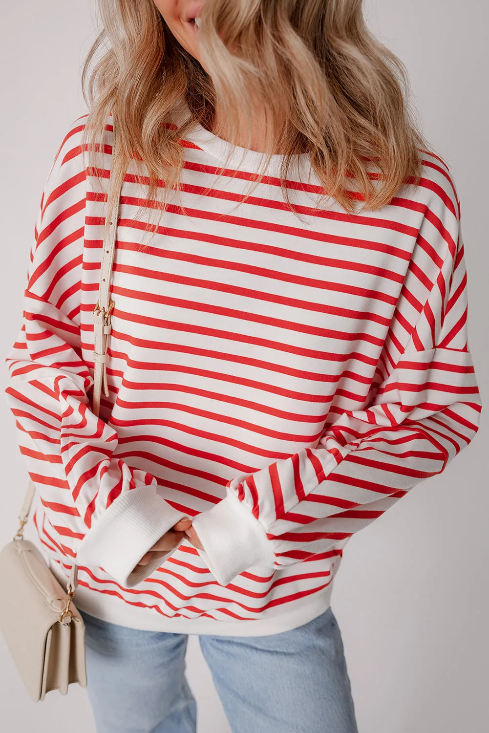 Orange Stripe Drop Shoulder Crew Neck Loose Casual Sweater Sweatshirt