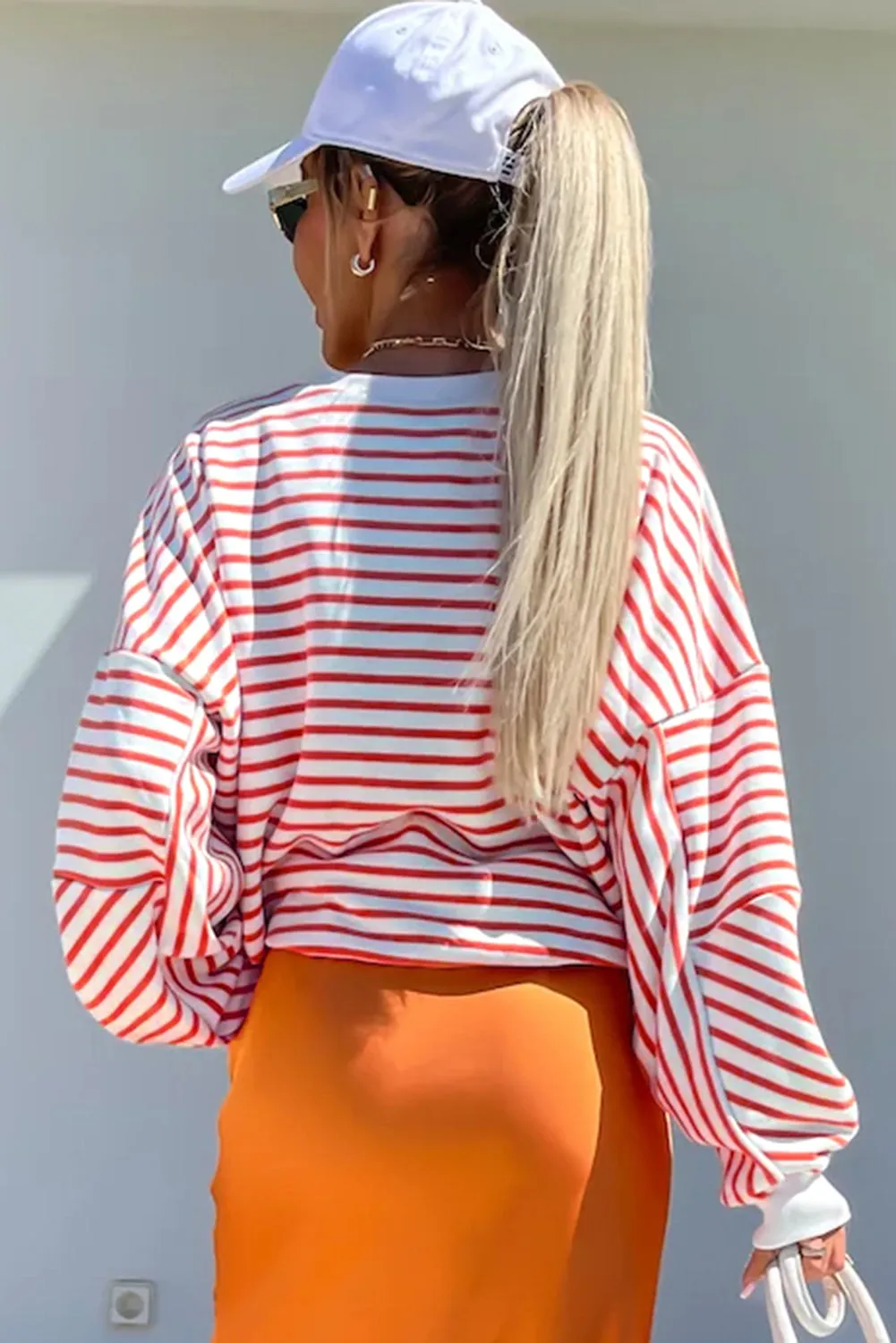Orange Stripe Drop Shoulder Crew Neck Loose Casual Sweater Sweatshirt