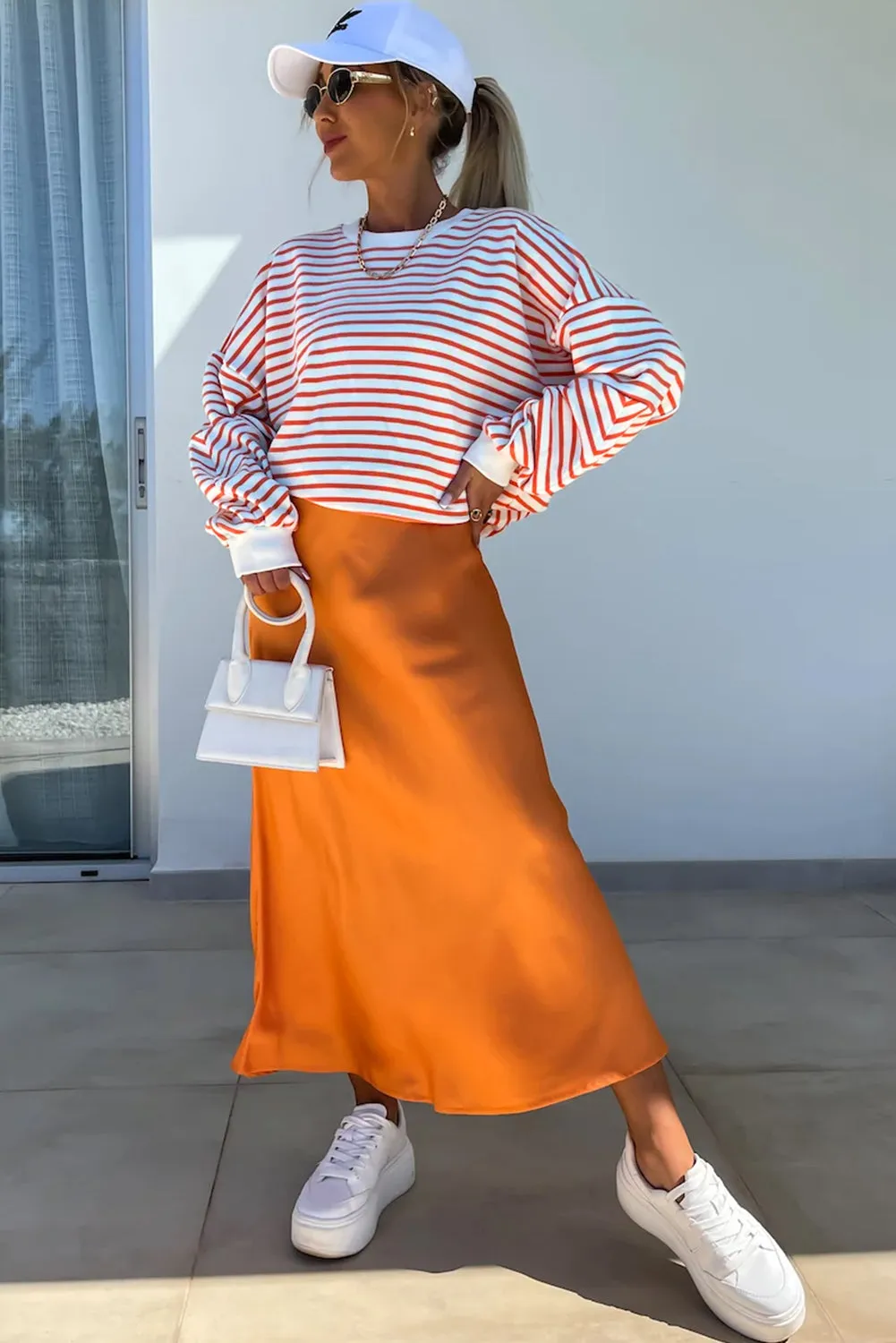 Orange Stripe Drop Shoulder Crew Neck Loose Casual Sweater Sweatshirt