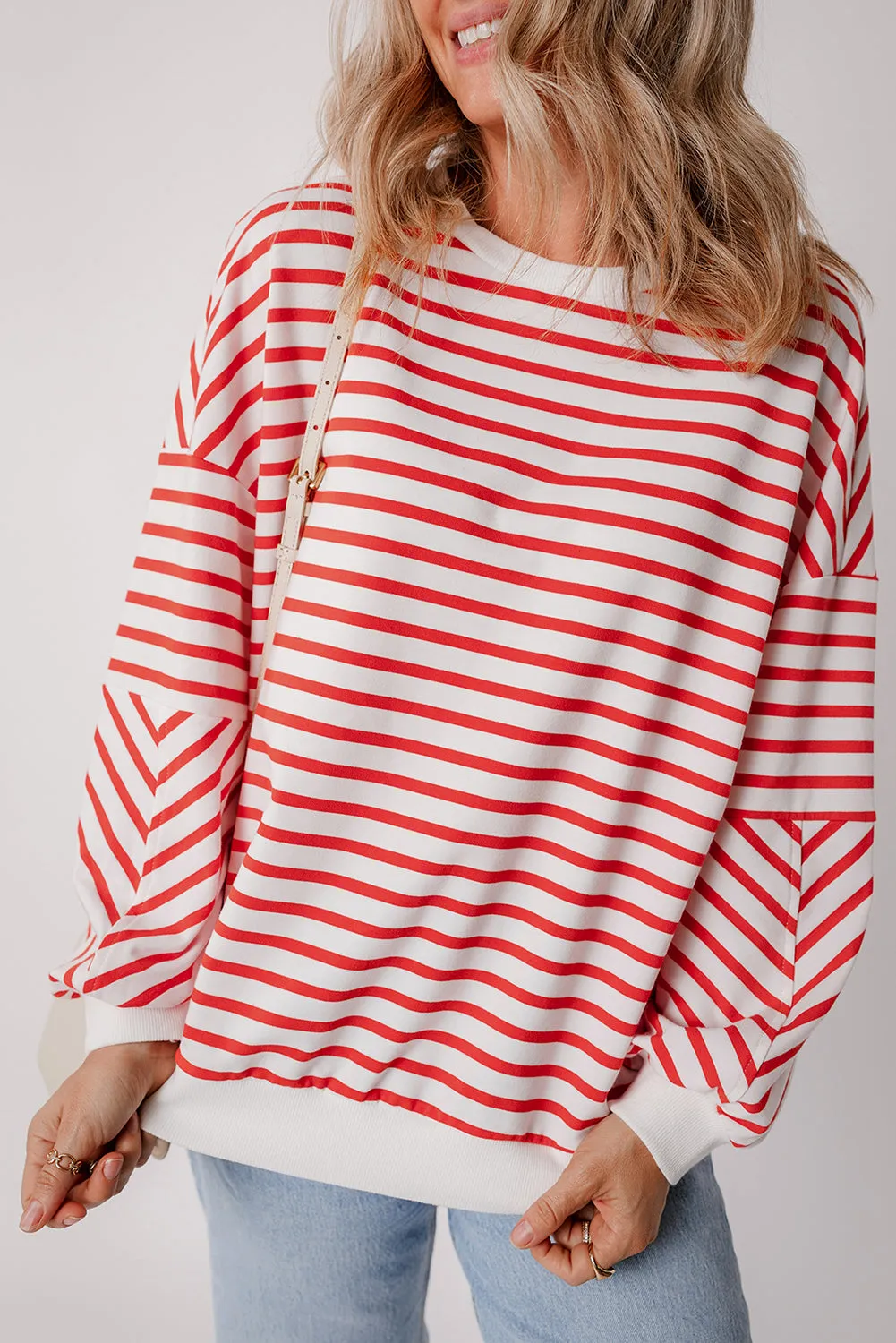 Orange Stripe Drop Shoulder Crew Neck Loose Casual Sweater Sweatshirt