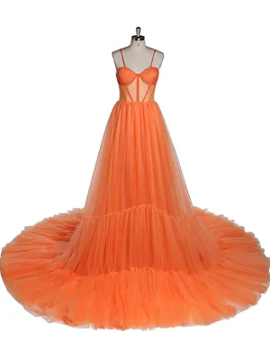 Orange Tulle Evening Dress Long Woman Formal Prom Dress Fluffy Maxi Photoshoot Dress Wedding Guest Dress YEWEN