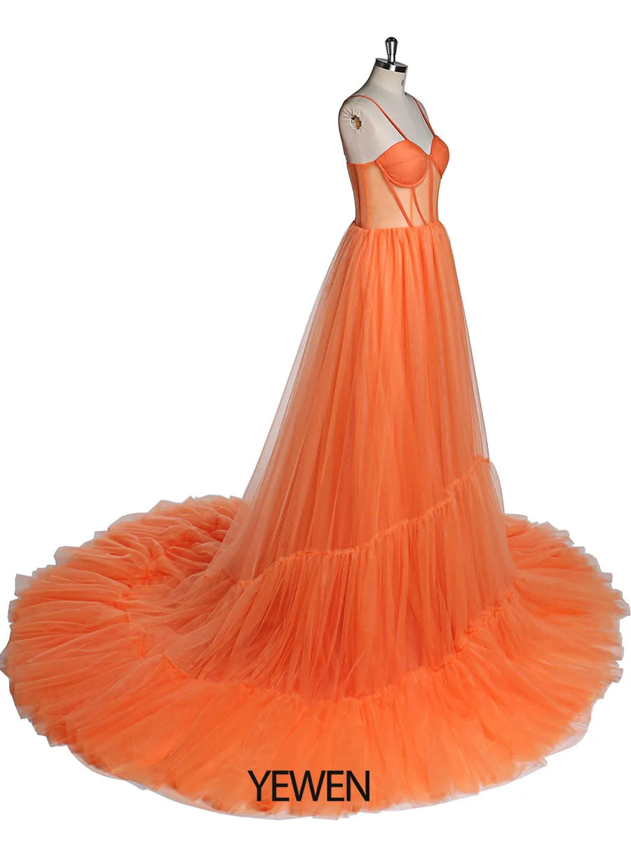 Orange Tulle Evening Dress Long Woman Formal Prom Dress Fluffy Maxi Photoshoot Dress Wedding Guest Dress YEWEN