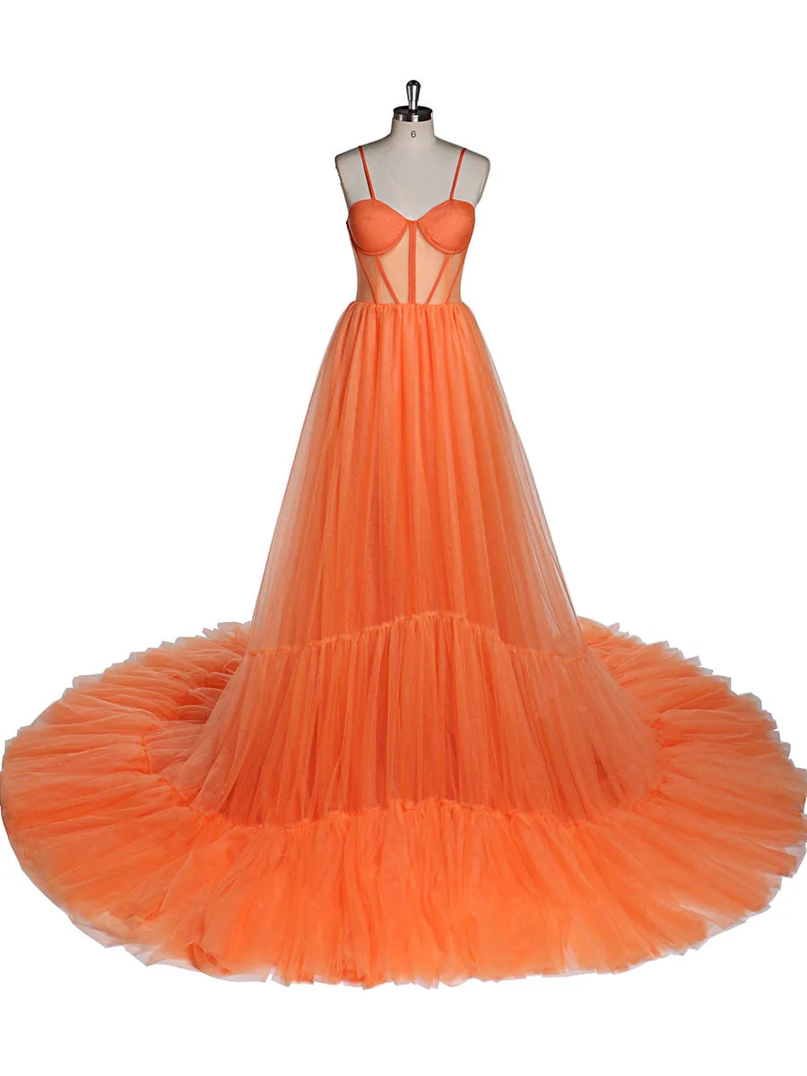 Orange Tulle Evening Dress Long Woman Formal Prom Dress Fluffy Maxi Photoshoot Dress Wedding Guest Dress YEWEN
