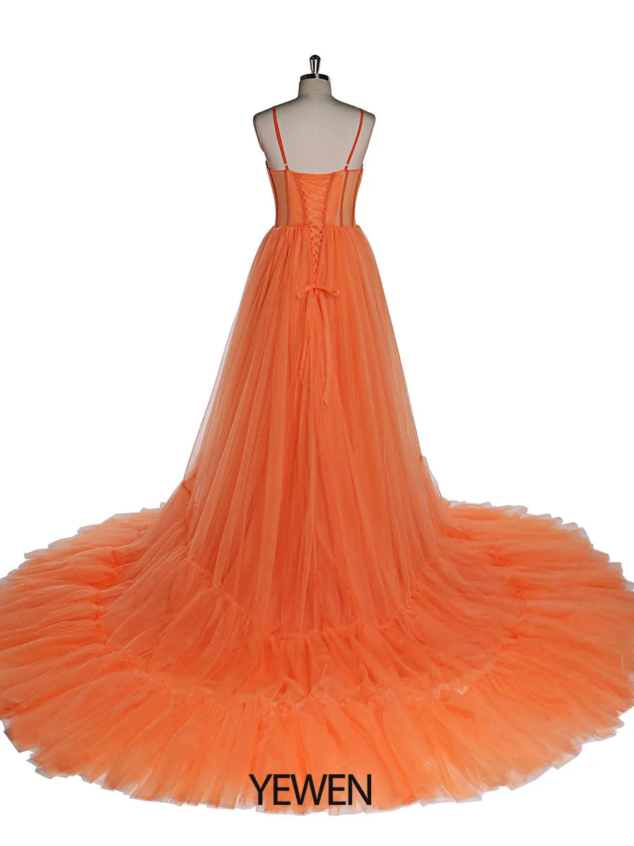Orange Tulle Evening Dress Long Woman Formal Prom Dress Fluffy Maxi Photoshoot Dress Wedding Guest Dress YEWEN