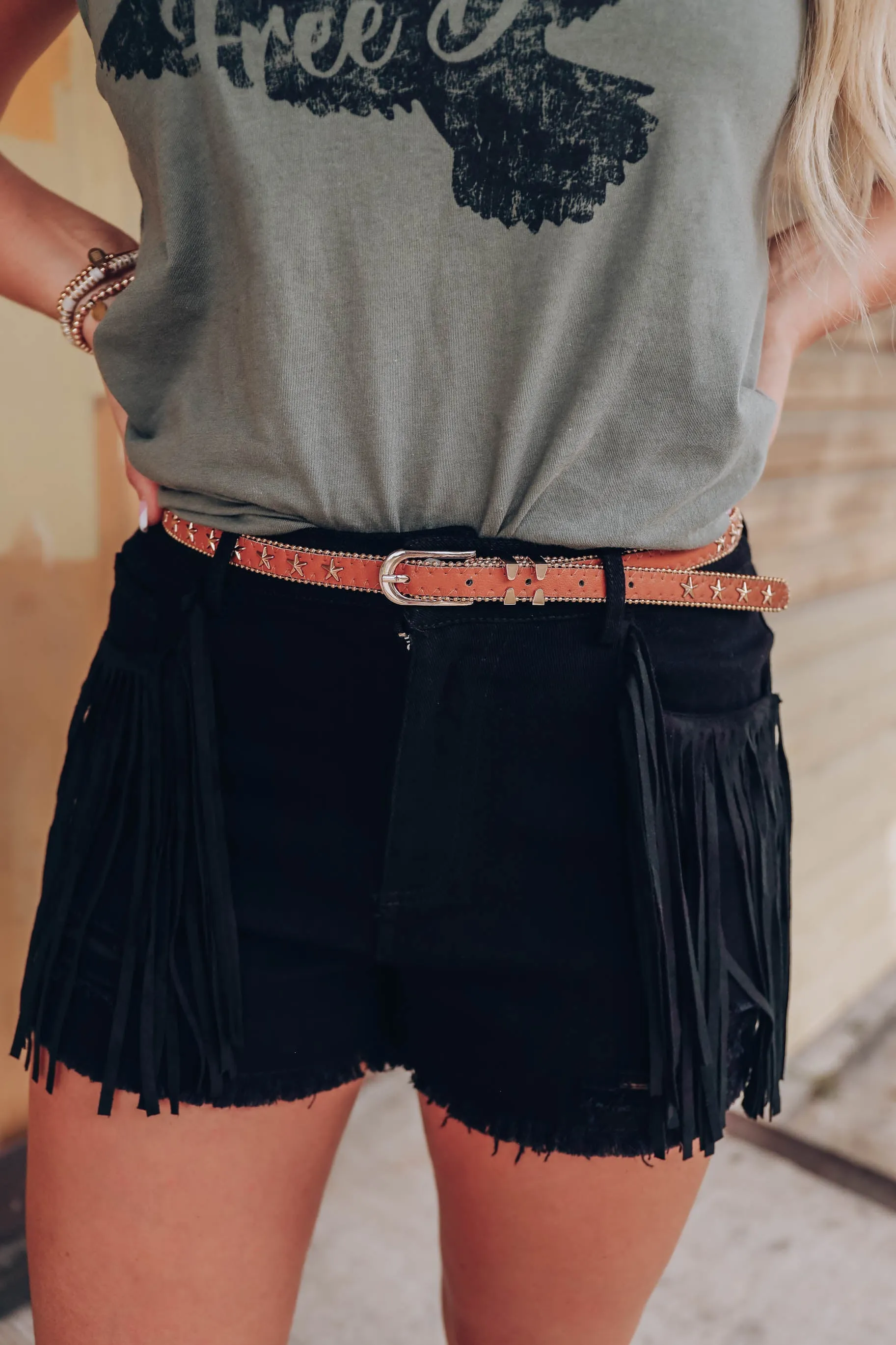 Out West Fringe Denim Shorts - Black