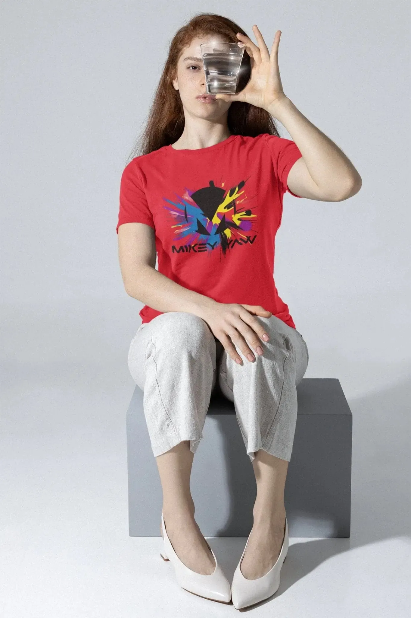 Paint Splatter on Red Staple Short Sleeve T-Shirt